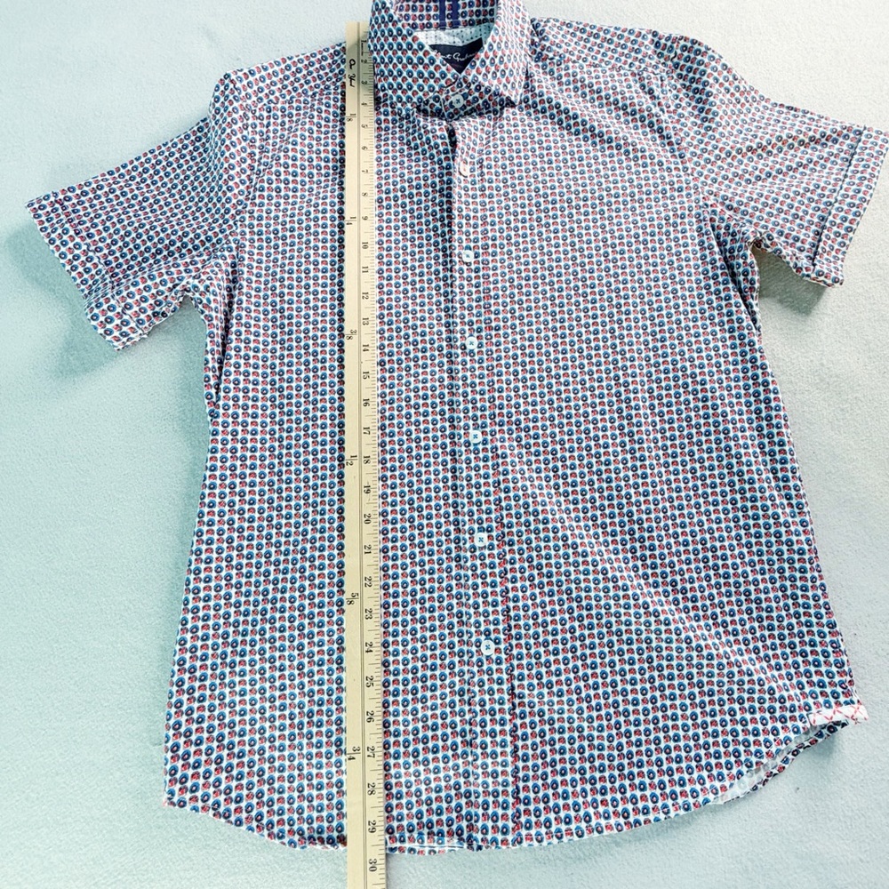Robert Graham Shirt Men’s XL White Blue Geometric Print Short Sleeve Button Up - Picture 3 of 8